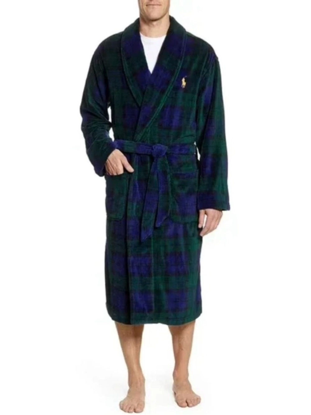 Polo Ralph Lauren Robe Mens Microfiber Plush Black Watch Plaid Big Pony Small